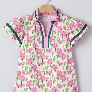Pink Floral Girls' Tunic with Green Trim